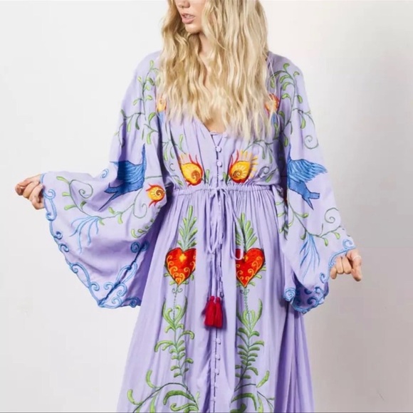 Star ⭐️ Maxi Dress Kimono Bohemian Embroidered Lilac Hearts Magic Gown… - Picture 3 of 4